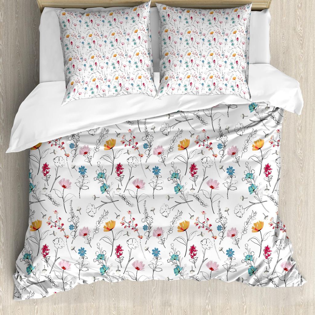 ABAKUHAUS Botanisch Bettbezug Set, Carnation Lily Sommer blühenden Garten Blütenblätter Zweige Ditsy Anemone Pattern, 200 x 200 cm + 80 x 80 cm,...