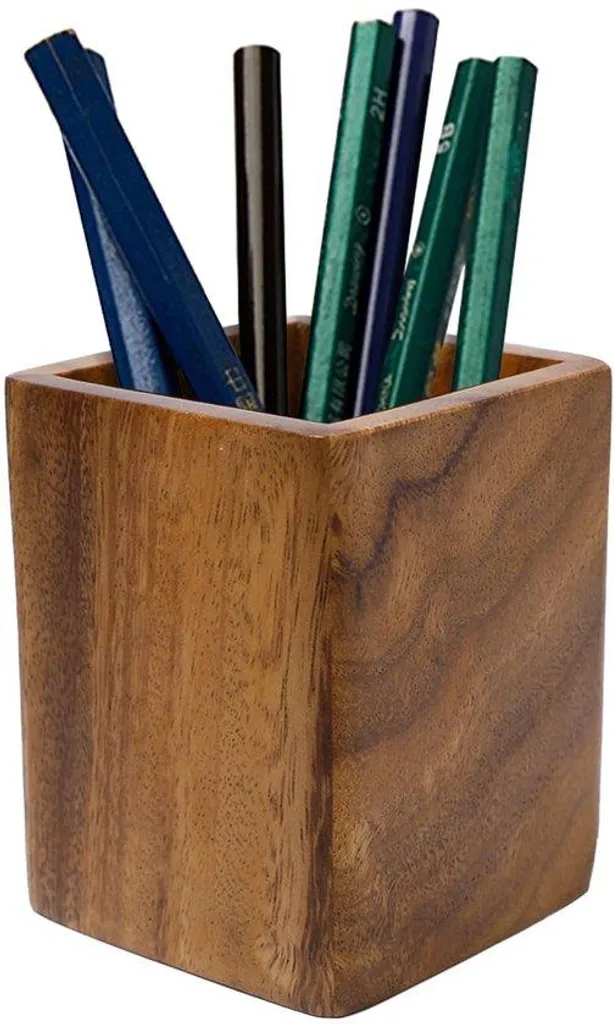 Porte-crayons en bois vintage carré 10x8x8cm pour bureau organisé