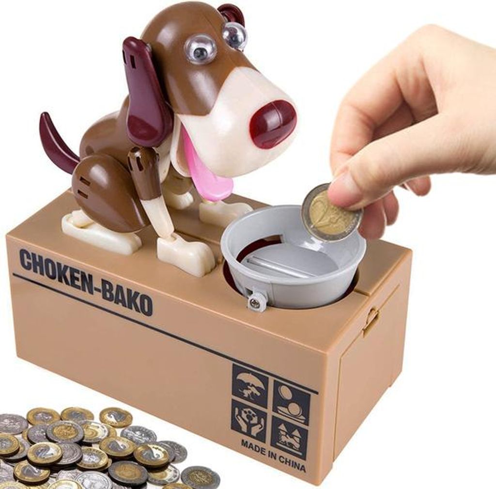 A hand is placing a coin into a mechanical dog coin bank.