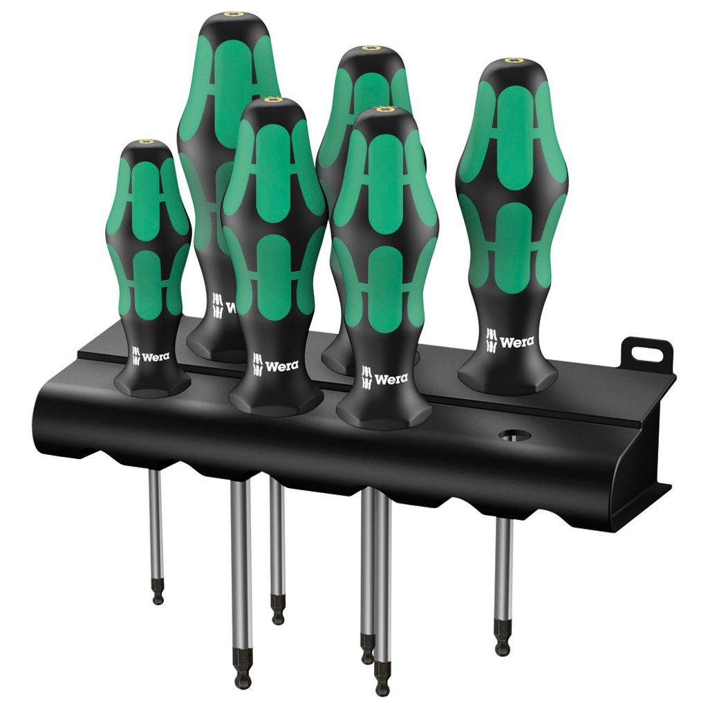 A set of six Wera screwdrivers with ball ends, neatly arranged in a black holder.
