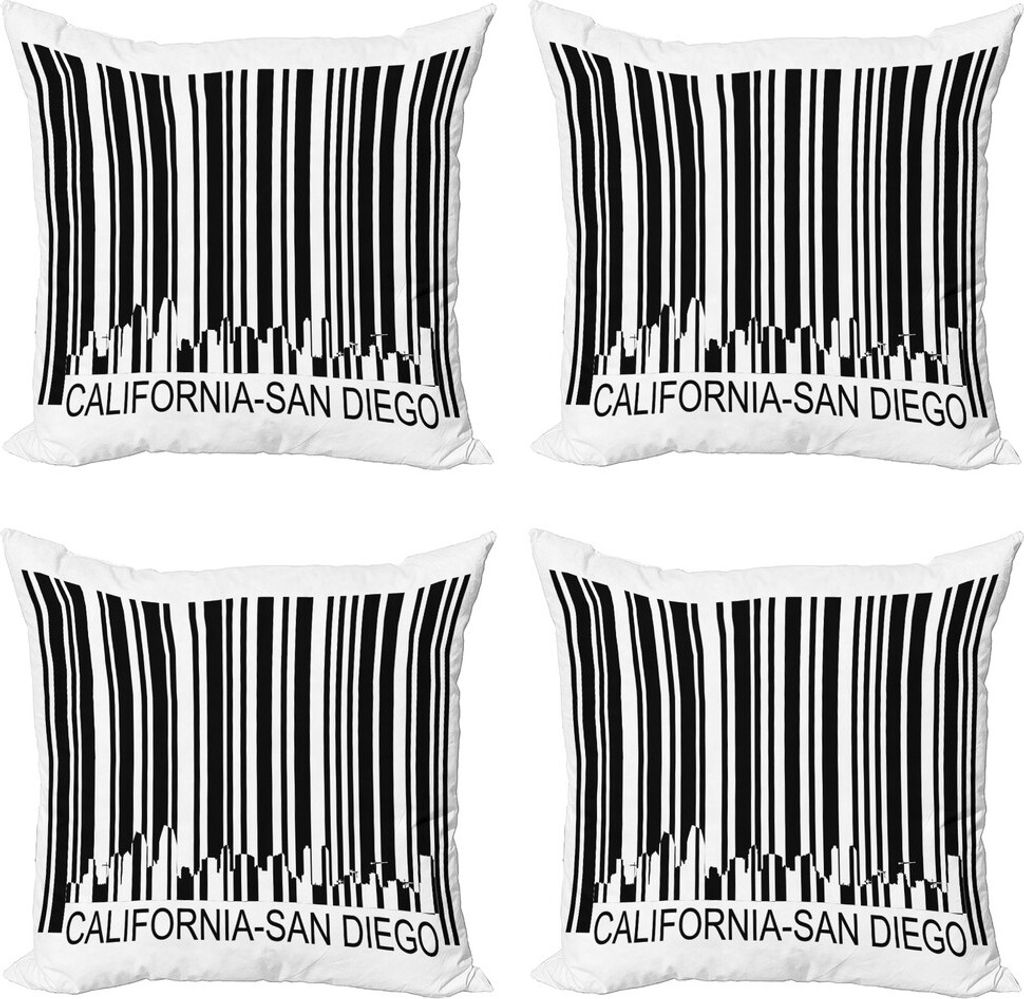 ABAKUHAUS San Diego Kissenbezug Set (4 Stück), Barcode Gebäude in der Stadt, Moderner Doppelseitiger Digitaldruck, 40 cm x 40 cm, Schwarz und weiß
