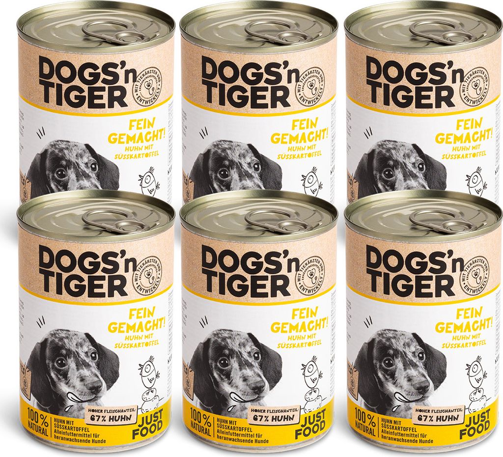 Dogs’n Tiger Junior, Welpen Premium Hundefutter, Nassfutter, Getreidefrei, Fein Gemacht, Huhn & Süßkartoffel, 6x 400g