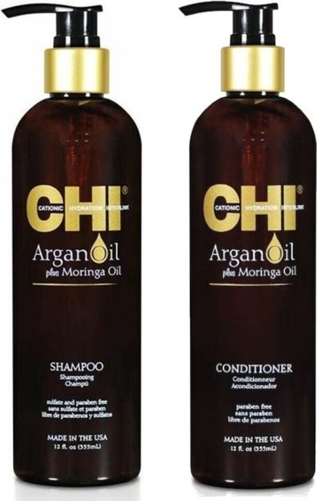 Two bottles of CHI Argan Oil plus Moringa Oil shampoo and conditioner.