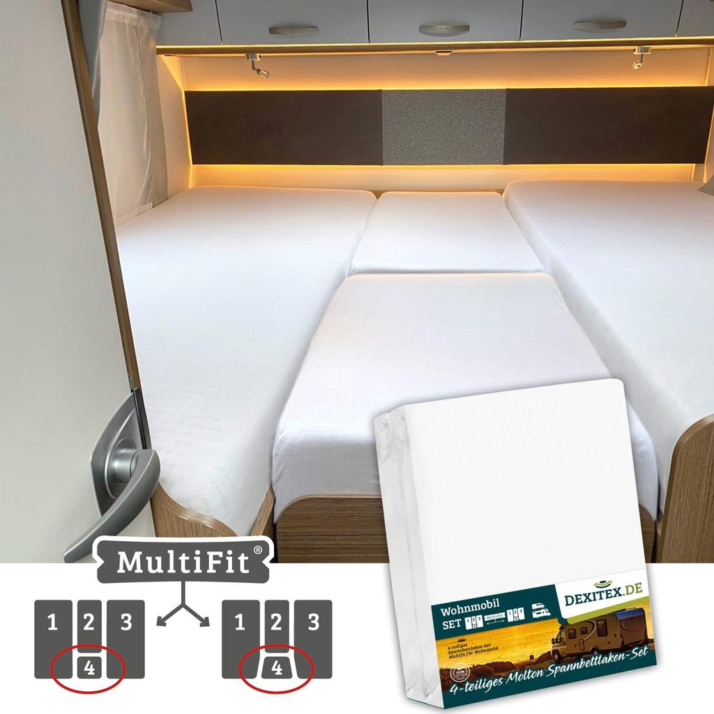 A bedroom in a camper van with beds made up with white sheets, and a package of sheets in the foreground.