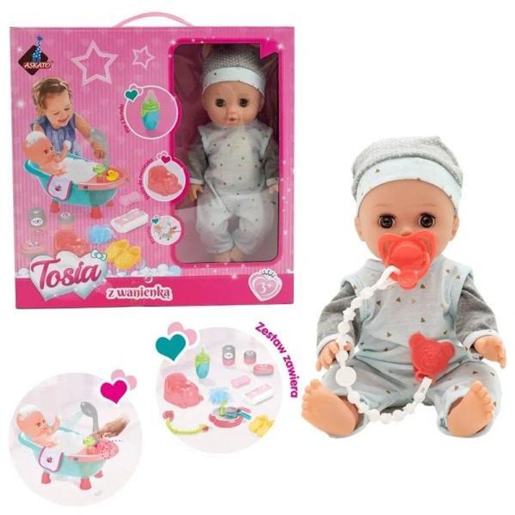 Puppe Tosia mit Badewanne in grau-blauer Kleidung – Askato Produktbild 