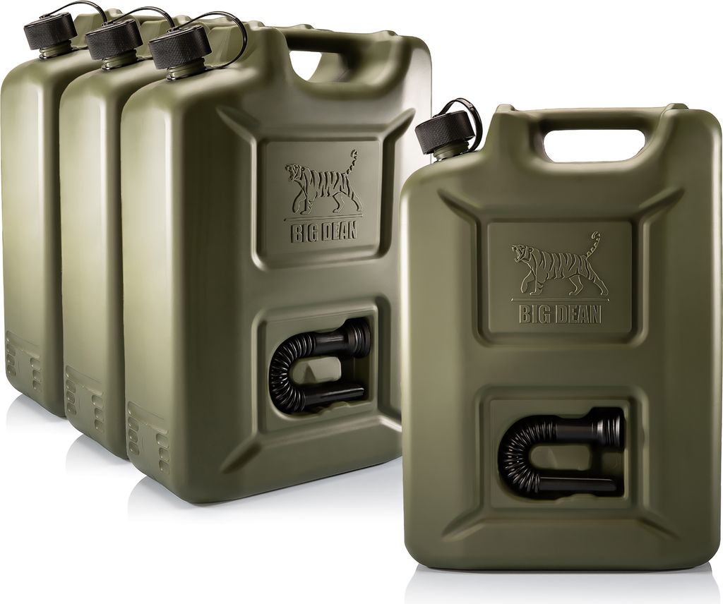 BigDean 4x Benzinkanister 20L in Olivgrün mit flexiblem Ausgießer - Kraftstoffkanister für Benzin & Diesel - Kanister Dieselkanister Germany