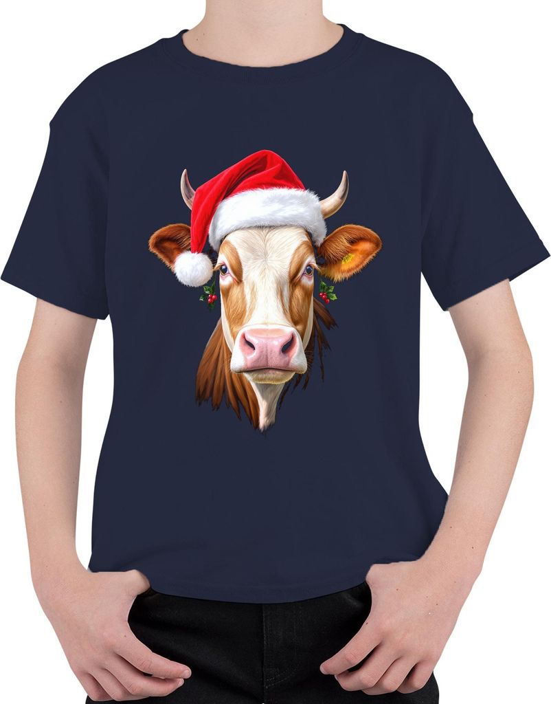 Weihnachtskuh Nikolausmütze Bauernhof Geschenk niedlich lustig Uni Kinder T-Shirt, Navy, 116