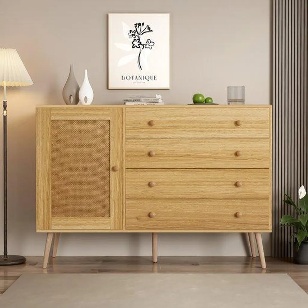 Buffet bas commode bois clair 120cm - Meuble de rangement 4 tiroirs