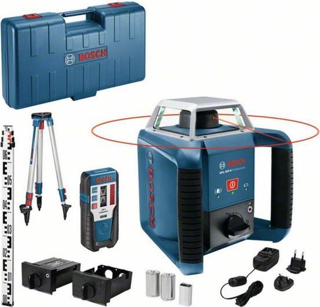 A Bosch laser level kit is displayed against a white background, including the laser level, a tripod, a measuring rod, a receiver, batteries, chargers, and a carrying case.