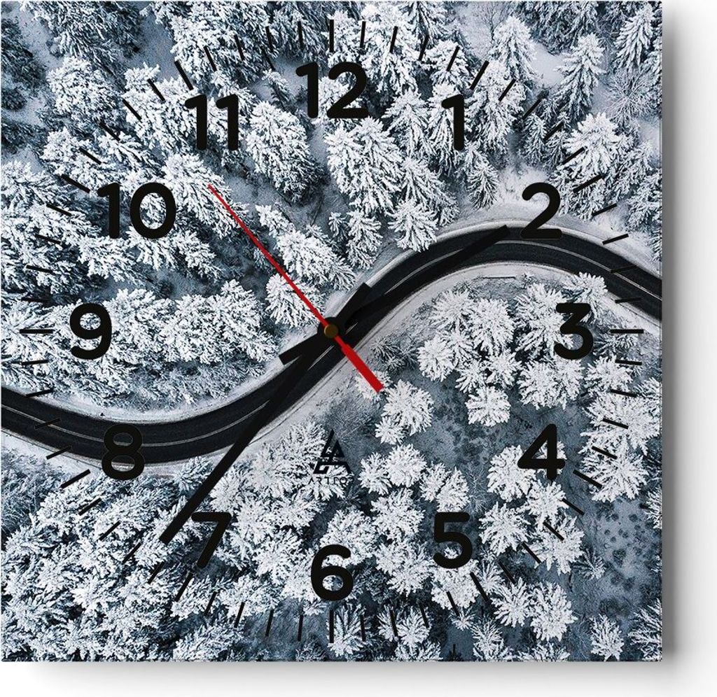 Wanduhr - Quadrat - Glasuhr - Wald Winter Straße - 40x40cm - Schleichendes Uhrwerk - Lautlos - zum Aufhängen bereit - Dekoration Modern - Wanddek...