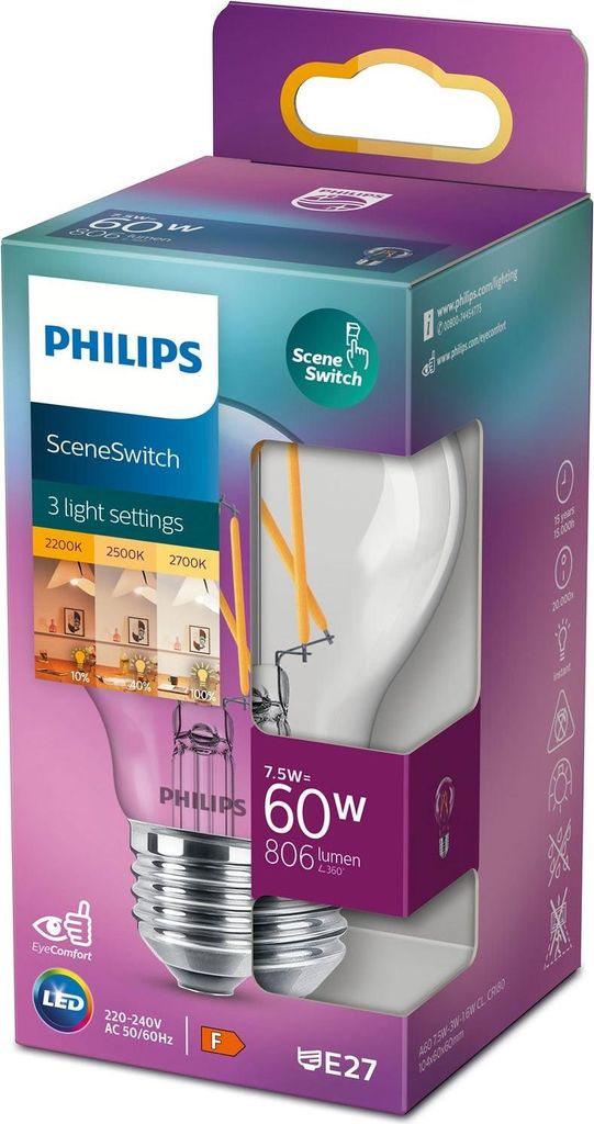 Philips LED Lampe LEDbulb SceneSwitch 7.5W A60 E27 klar Produktbild 