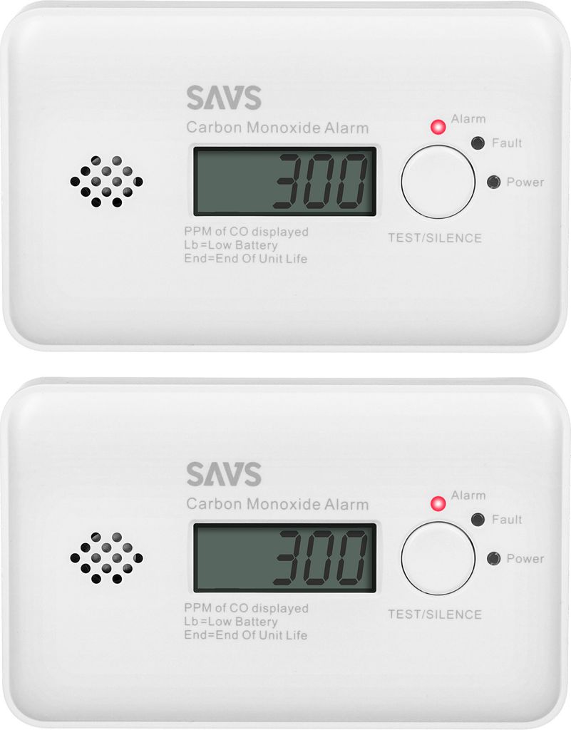 SAVS C10 Kohlenmonoxidmelder 2 Stück - 10 Jahre Batterie - LCD-Display - 10 Jahre Figaro -Sensor - Entspricht der europäischen Norm