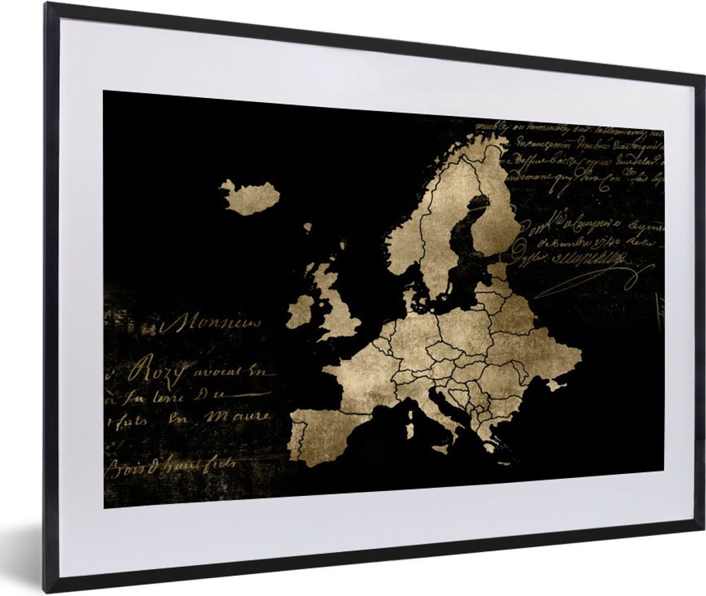 MuchoWow MuchoWow Gerahmtes Poster Karte Europa - Gold - Text 60x40 cm - Poster mit zchwarzem Bilderrahmen - Schlafzimmer - Plakat in Rahmen - ...