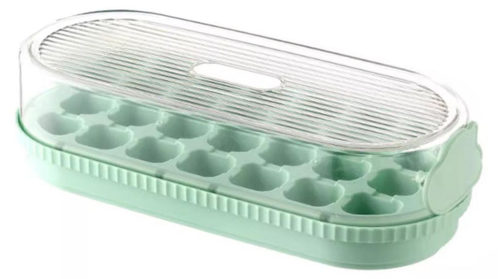 Eiswürfelform mit Deckel und Druckverschluss, berührungslose Silikonform für einfaches Herauslösen, lebensmittelechte, auslaufsichere Aufbewahr...