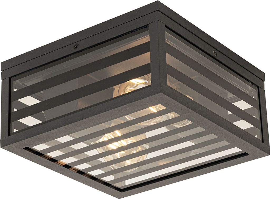 Qazqa Modern außen Deckenleuchte, Deckenlampe für den Garten - Reims - Schwarz, max. 40W, Geeignet für LED, 24cm, IP44, Quadratisch, 2-flammig