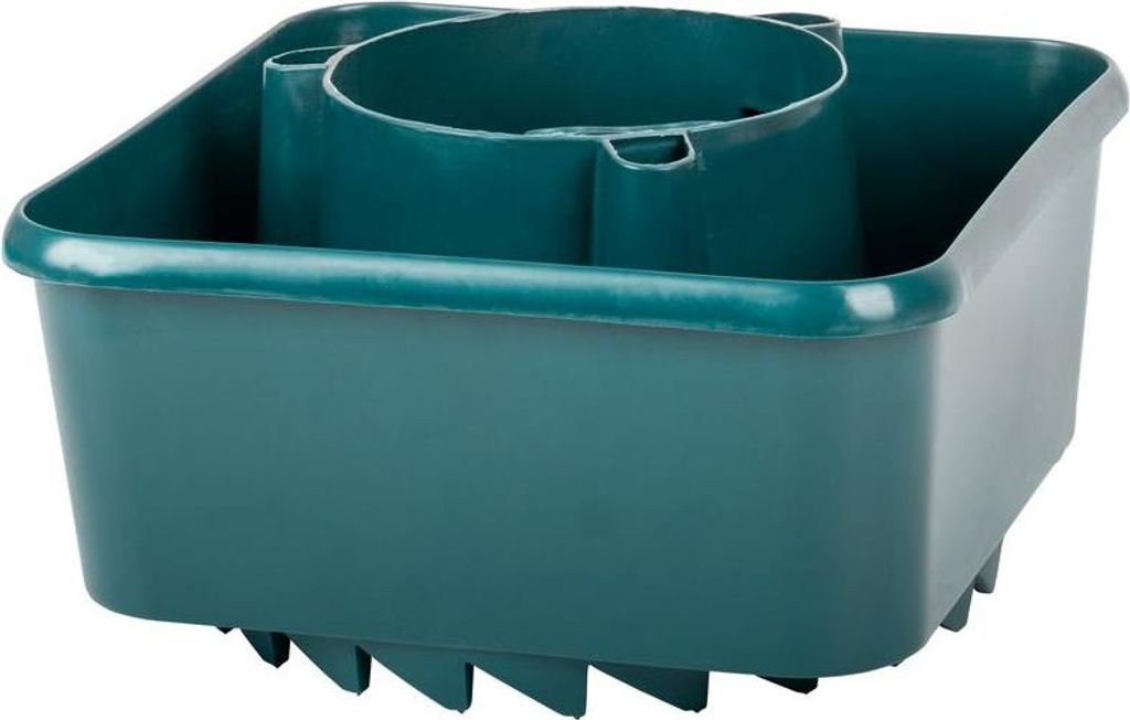 A teal-colored self-watering planter for tomatoes.