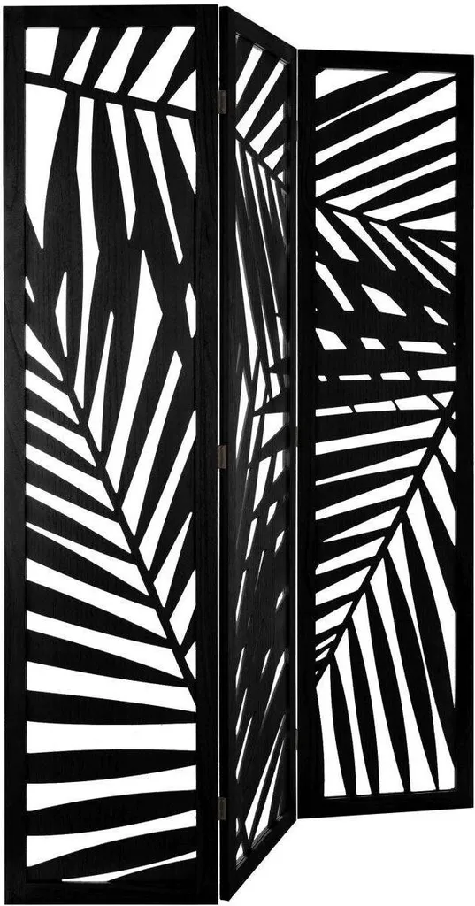 Paravent noir H170 cm en bois sculpté motif Feuille style exotique