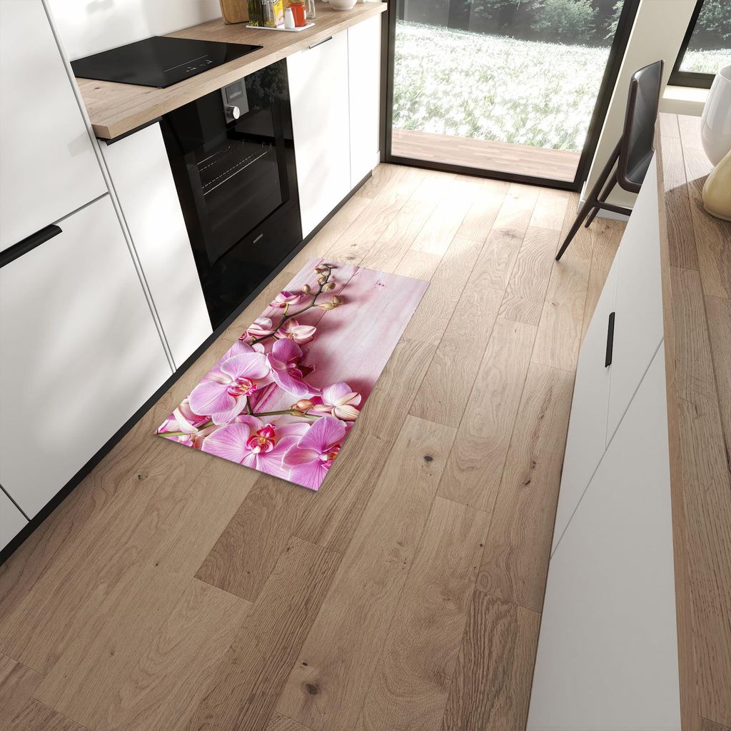 Küchenteppich 60x120cm rutschfest & abwischbar PVC Läufer - Orchideen Holz Hintergrund