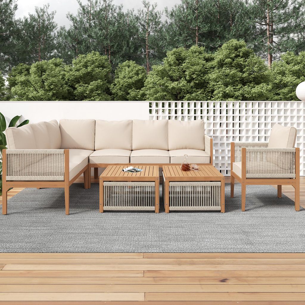 Flieks Lounge Gartenmöbel Sets 6 Teilig, Balkonmöbelset Terassenmöbelset 7 Personen, Gartensofa mit Gartenstuhl Gartentisch, Gartengarnitur Beige