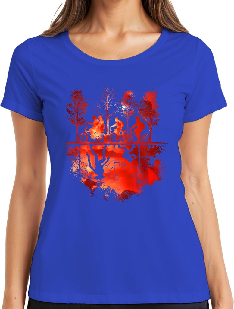 Upside Down Fahrräder Kinder Wald Monster Horror 80er Retro Damen T-Shirt, Blau, L