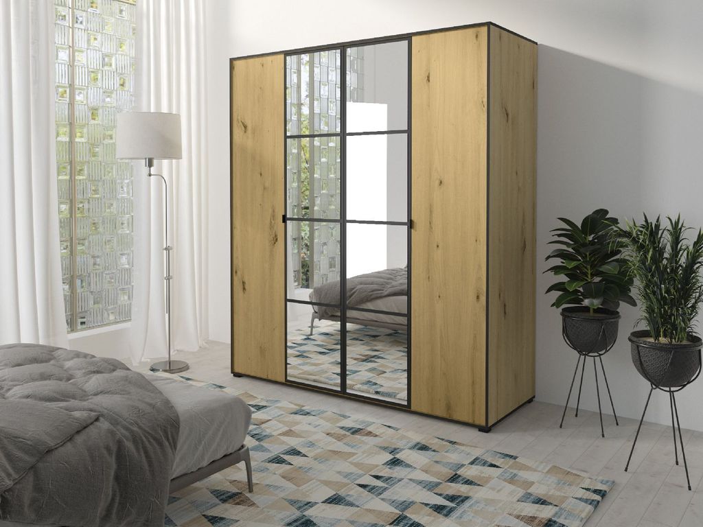 Kleiderschrank Schiebetürenschrank mit Kleiderstange OSLO I 180 mit Spiegel Eiche Artisan