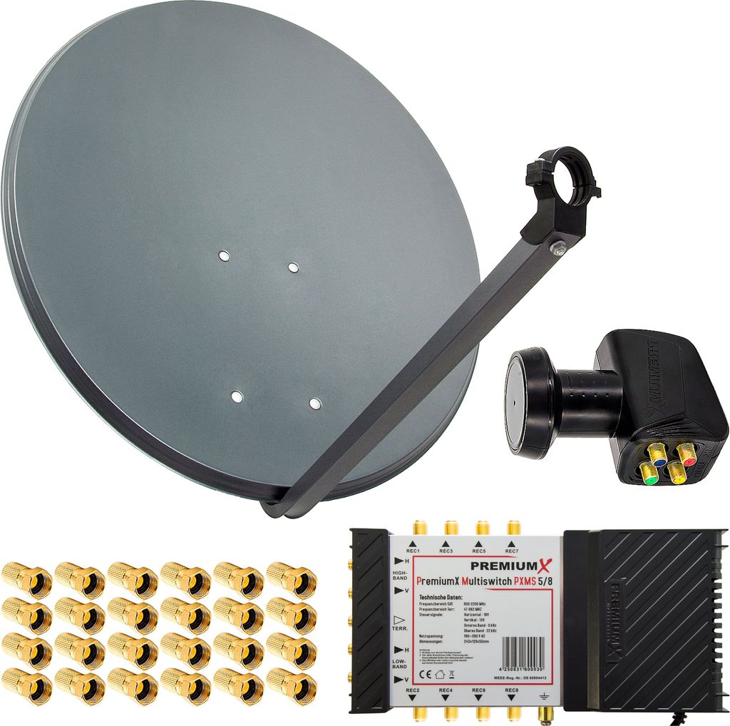 PremiumX SAT Anlage 80cm Antenne Multischalter 5/8 LNB 24x F-Stecker