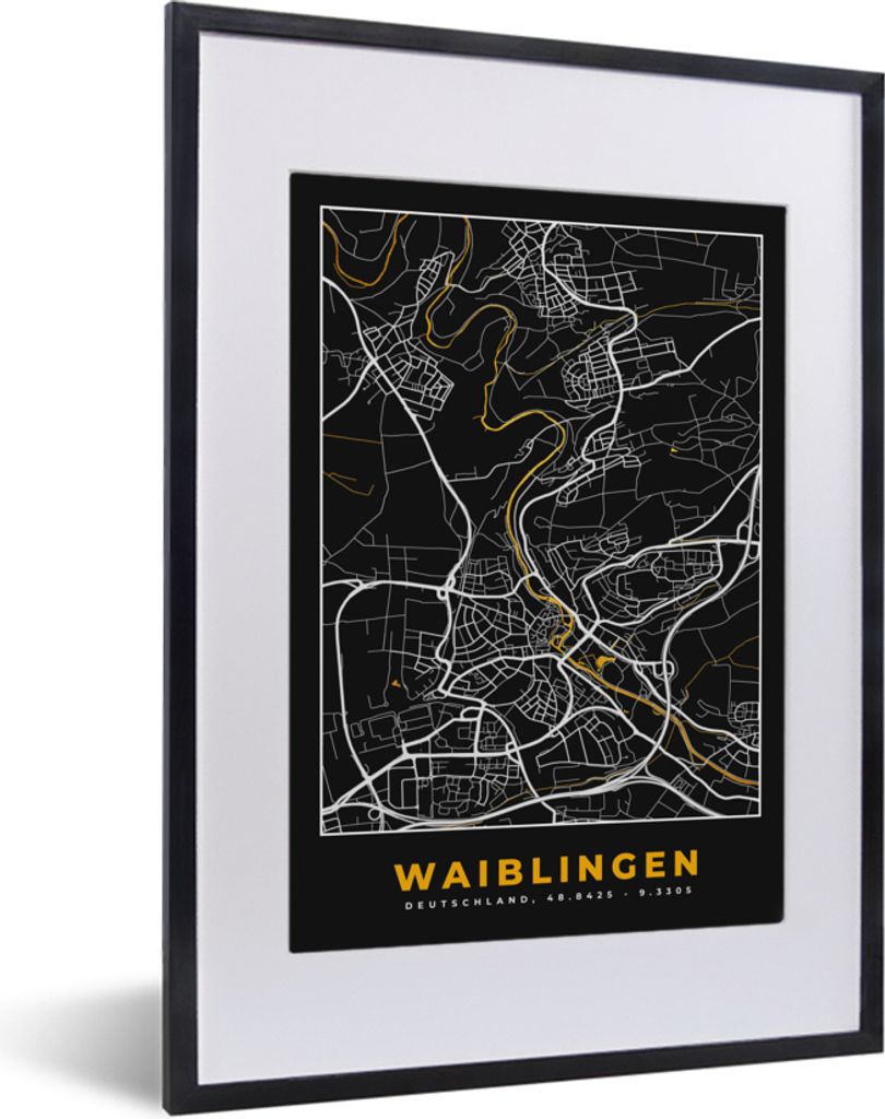 MuchoWow Gerahmtes Poster Schwarz und Gold - Stadtplan - Waiblingen - Deutschland - Karte 30x40 cm - Poster mit Schwarzem Bilderrahmen Wandposter...