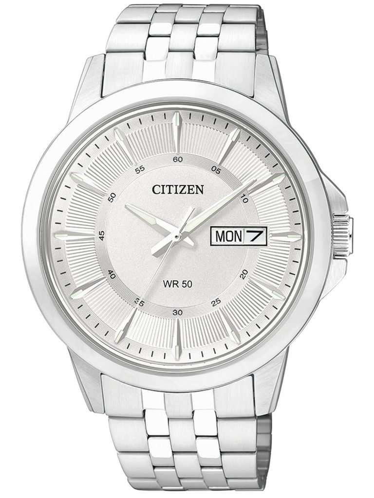 A close-up studio shot of a silver Citizen watch with a white dial.