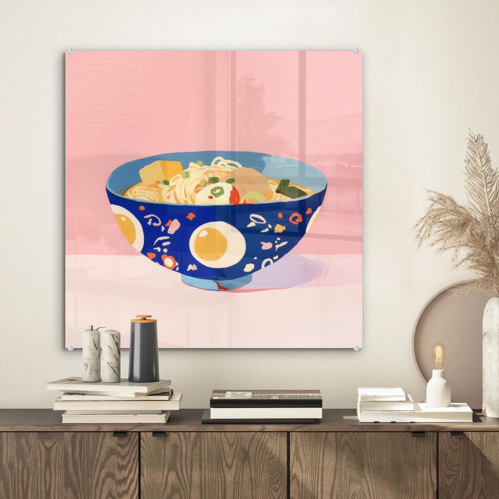 MuchoWow Glasbilder - Bilder auf Wandbild - Foto auf Glas Nudeln - Schüssel - Blau - Illustration 50x50 cm Wanddekoration aus Glas - Acrylglasbild...