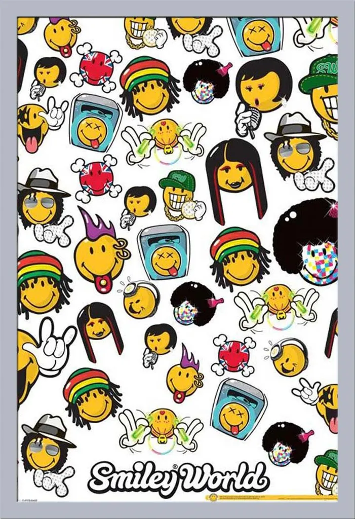 Maxi Poster Smiley Generi Musicali + Cornice Argento Shinsuke MDF