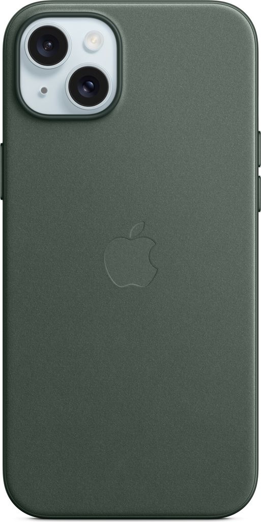 The back of a dark green iPhone case with an embossed Apple logo.