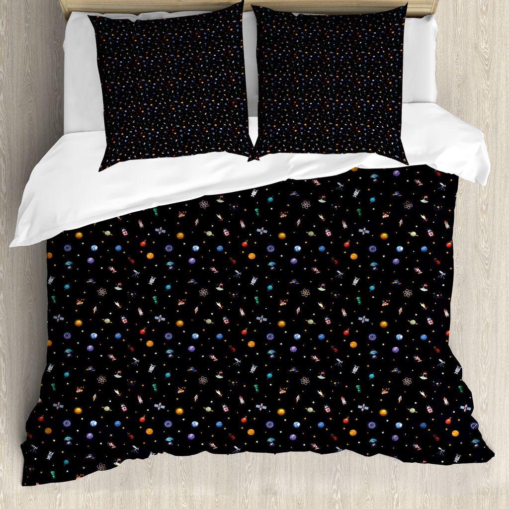 ABAKUHAUS Raumschiff Bettbezug, Sterne Alien Planeten, Milbensicher Allergiker geeignet mit Kissenbezügen, 155 cm x 220 cm - 80 x 80 cm, Mehrfarbig