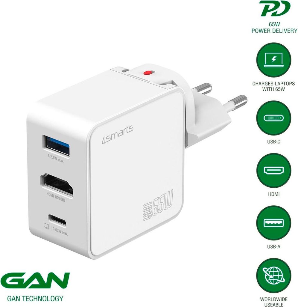 4smarts Netzladegerät GaN Flex HDMI 65W, weiß