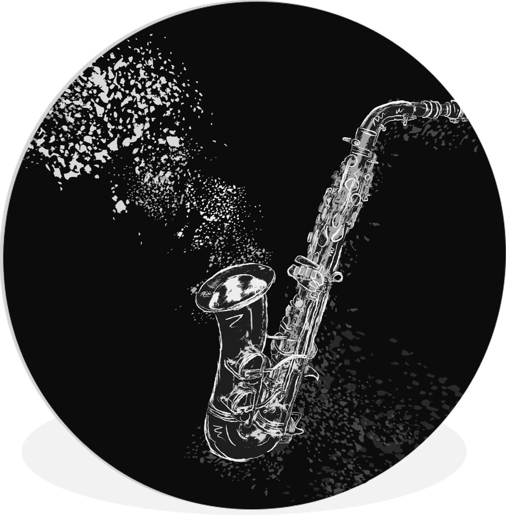 MuchoWow Rundes Wandbild - Runde Bilder Illustration eines Saxophons - schwarz und weiß Ø 60 cm Kreis Wanddekoration Kunststoff - Wandkreis - W...