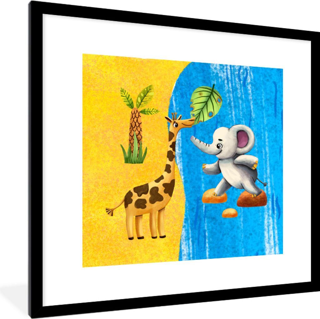 MuchoWow MuchoWow Gerahmtes Poster Elefant - Giraffe - Strand - Meer 40x40 cm - Poster mit zchwarzem Bilderrahmen - Poster - Plakat im Rahmen