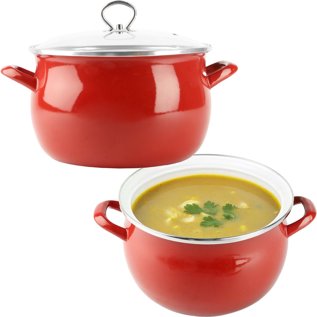 A red enamel pot with a glass lid is shown above a red enamel pot filled with soup.