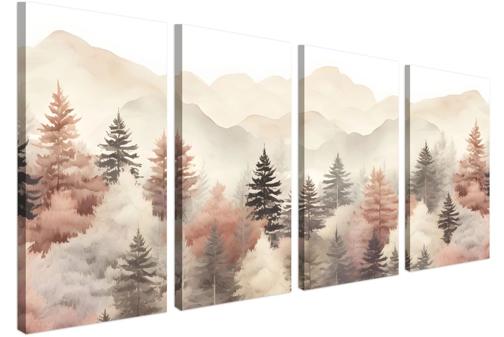 Wandbild Wanddeko Wald, beige und braun auf Leinwand - ökologische Tinte, Wasserfest - 4 Teilig 80x160 cm Leinwandbilder für wohnzimmer, schlafzi...