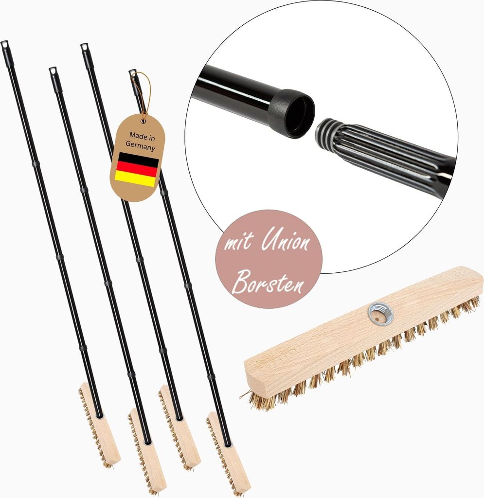 Novaliv 4x Schrubber aus Holz mit Union Borsten und Schraub- Steckstiel vierteilig Wischer mit Gewinde Scheuerbürste Boden Bürstewurzelbürste In...