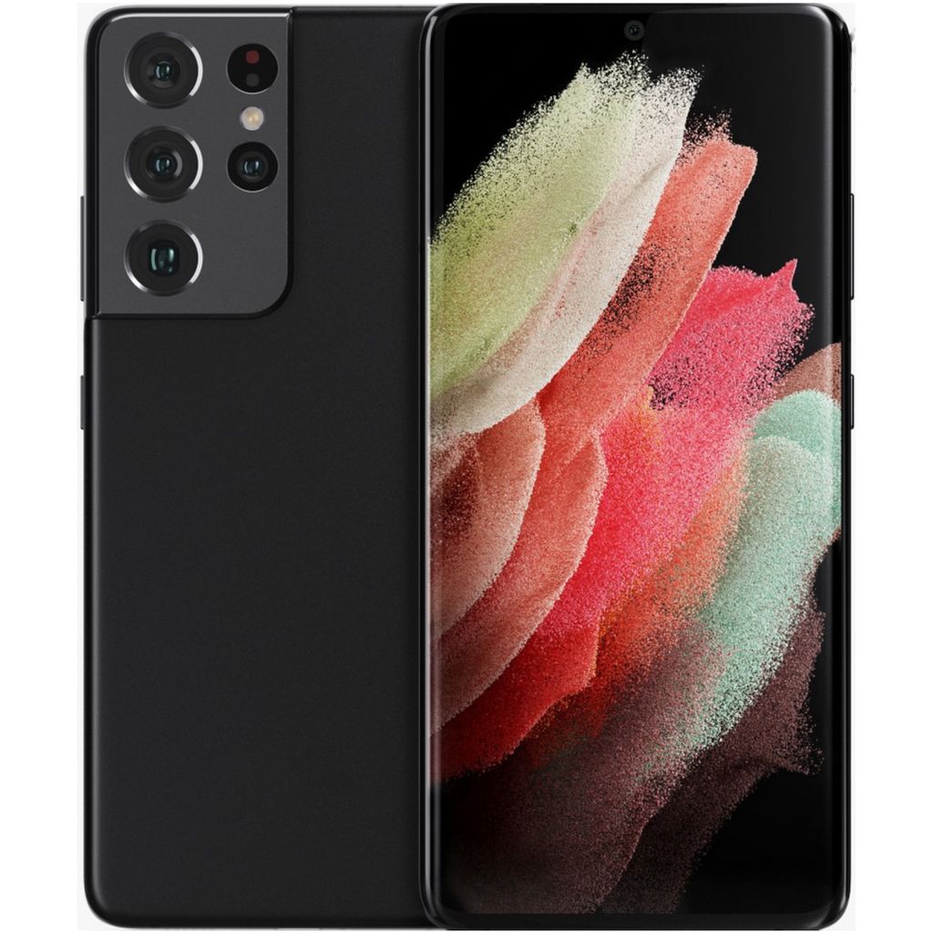 A black Samsung Galaxy S21 Ultra 5G smartphone is shown from the front and back against a white background. The screen displays a colorful abstract image.