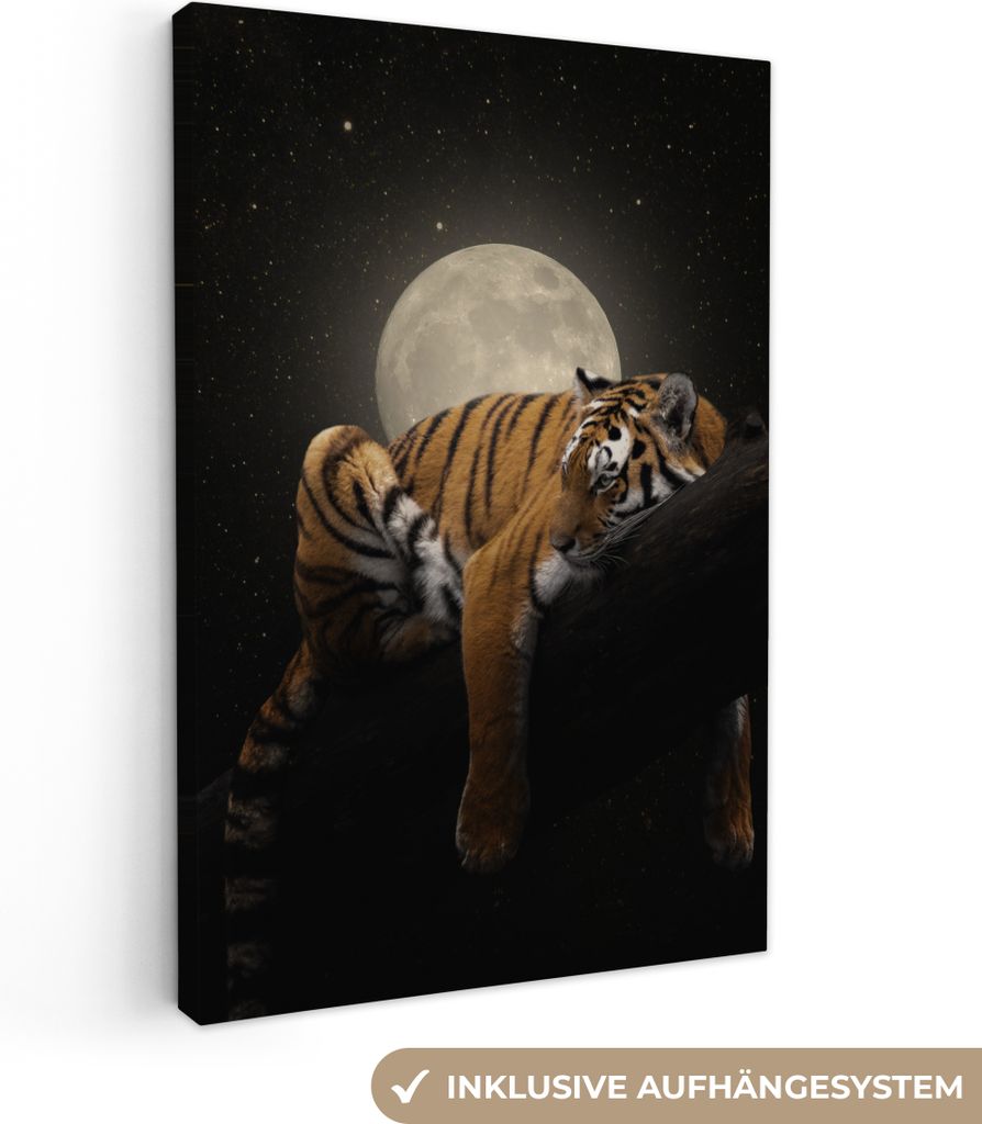 OneMillionCanvasses - Leinwandbilder - 90x140 cm, Tiger - Mond - Sterne, Wandbilder Kunstdruck Wanddekoration - Wandschmucke - Schlafzimmer