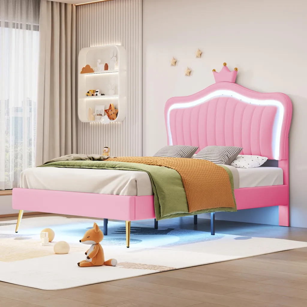 Lit 90x200 cm avec LED et dossier rembourré couronne rose pour fille