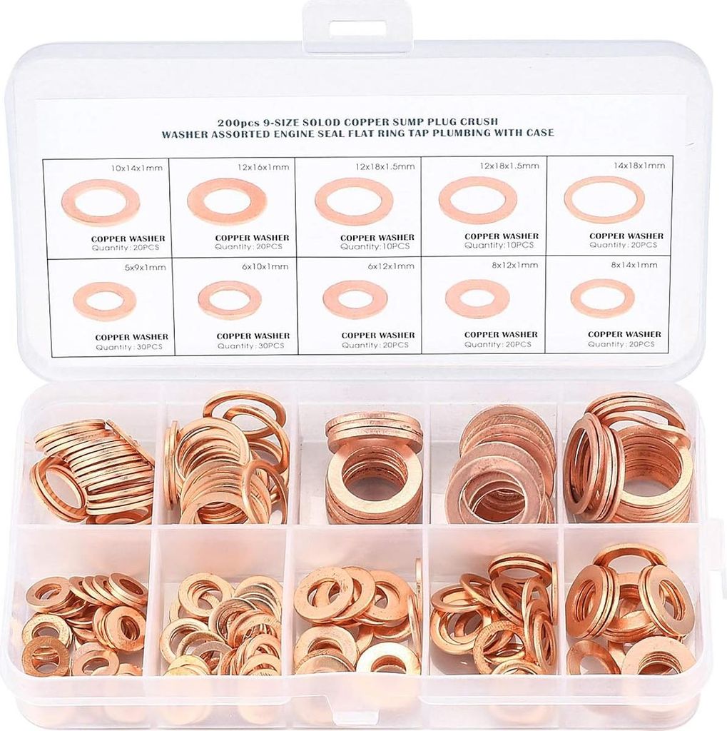 Kupfer-Unterlegscheiben, Dichtringe, Flachscheiben, O-Ringe mit Aufbewahrungsbox für Dichtungen – 200 Stück/M5 M6 M8 M10 M12 M14