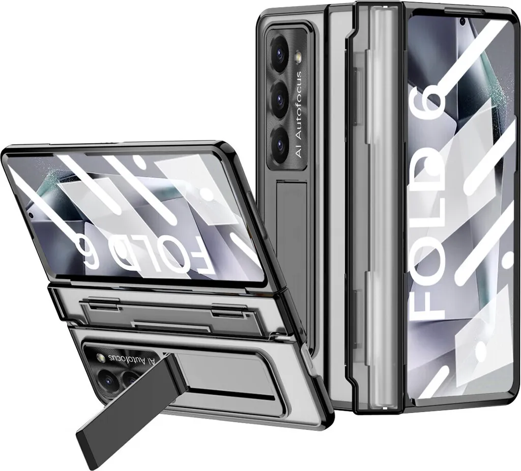 Custodia per Samsung Galaxy Z Fold 6 protezione a cerniera con protezione dello schermo e dell'obiettivo, custodia trasparente zincata con supporto nero