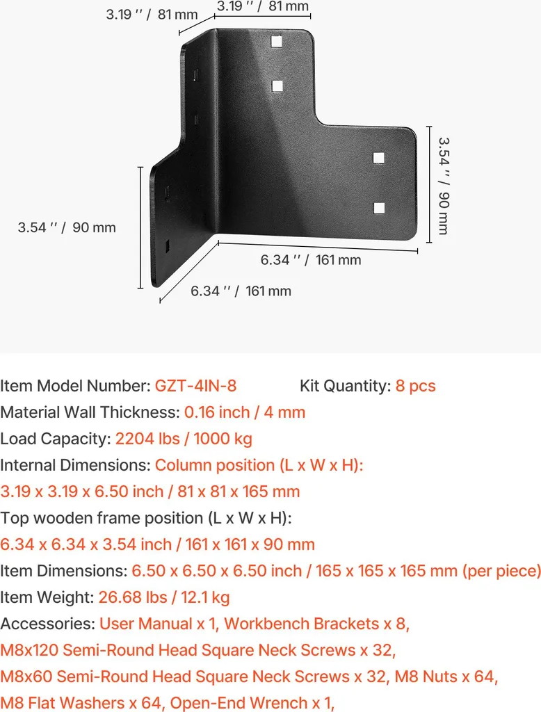 Support d'établi haute capacité 1000 kg VEVOR équerre d'angle 8 pcs