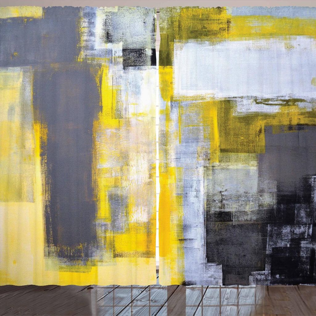 ARANDE Gelb und Grau Gardine, Kunst-Malerei Design Moderne Zusammensetzung Pinsel Marks Muster, 280 x 225 cm, Gelb Grau Weiss