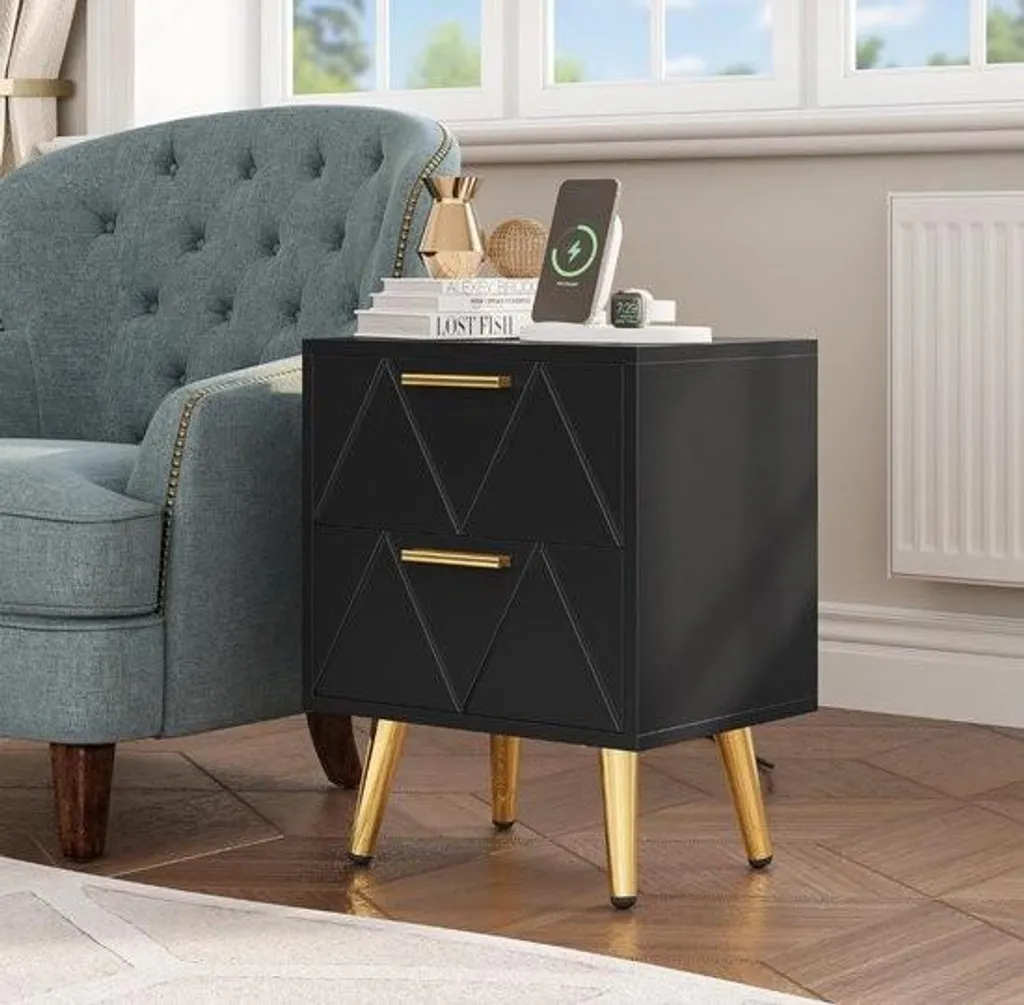 Table de nuit noire avec 2 tiroirs et prises USB intégrées - 40x30x52 cm