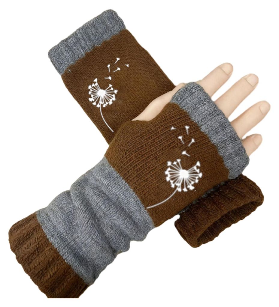 Gestrickte fingerlose Damenhandschuhe, farblich abgesetzt, Halbfingerhandschuhe, warm, mit gesticktem Löwenzahnmuster, zum Tippen und Schreiben