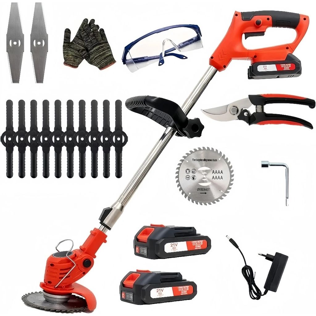 A collection of gardening tools and accessories, including a cordless trimmer, batteries, blades, safety glasses, gloves, and pruning shears, arranged on a white background.