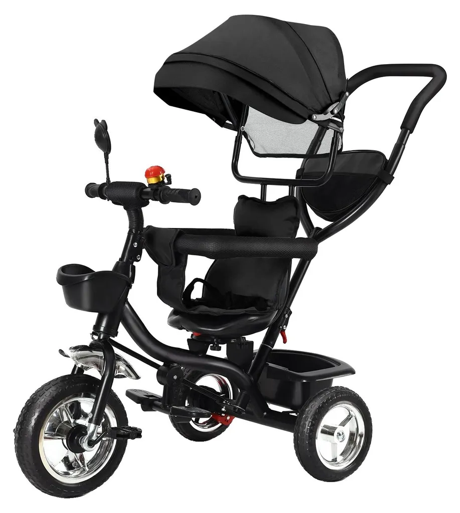 Vélo tricycle enfant avec canne parentale et pare-soleil amovible noir