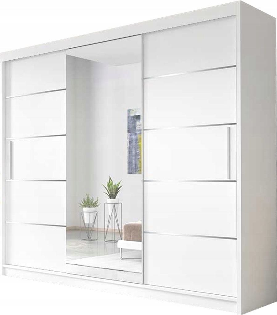 Easy4You Astra Weiß Schiebetürenschrank Kleiderschrank 233x218x61 cm mit Spiegel - Schlafzimmermöbel, Aufbewahrung – Mehrzweckschrank mit 2 Kl...
